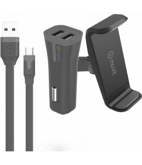 Kit 3 en 1 chargeur 2 USB 2,4A + support + Micro USB MUVIT